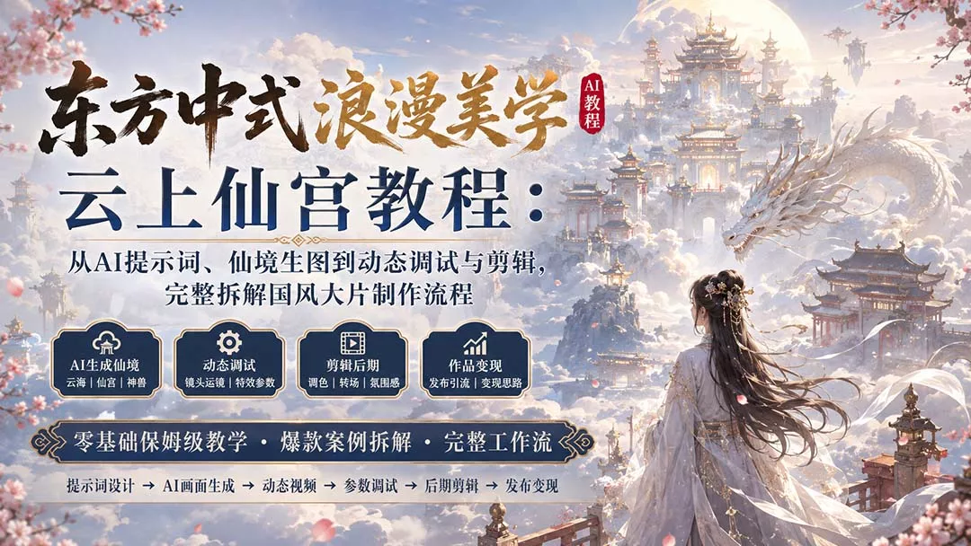 8f8dbf14838ebb96e9b85f27219b36a0.webp 东方中式浪漫美学云上仙宫教程:从AI提示词、仙境生图到动态调试与剪辑,完整拆解国风大片制作流程
