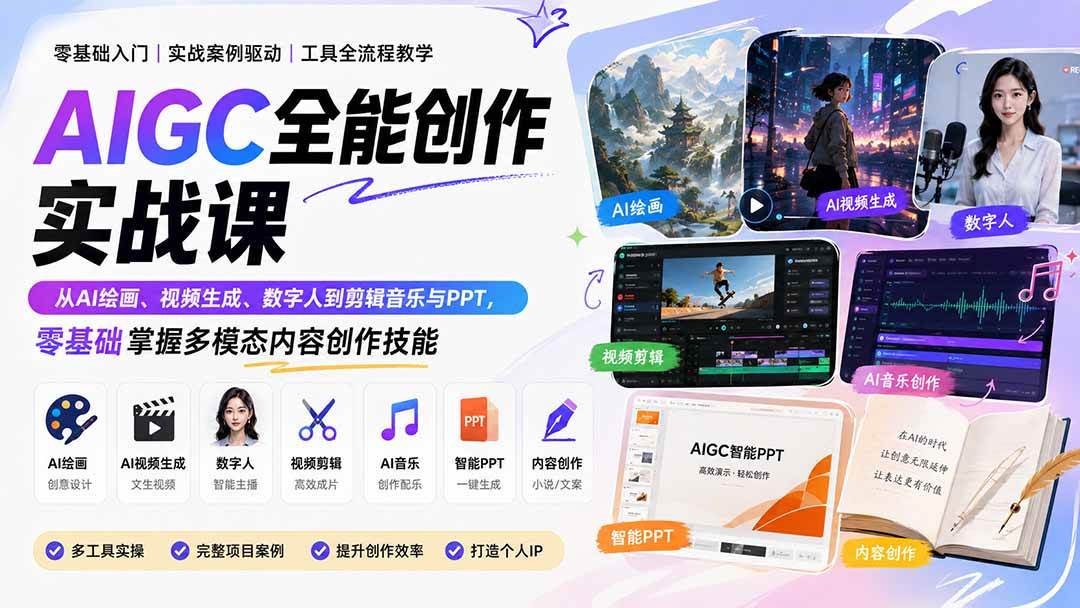 (20065期)AIGC全能创作实战课:从AI绘画、视频生成、数字人到剪辑音乐与PPT,零基础掌握多模态内容创作技能祝你网--专注互联网创业.信息差副业研究拒绝割韭菜祝你网