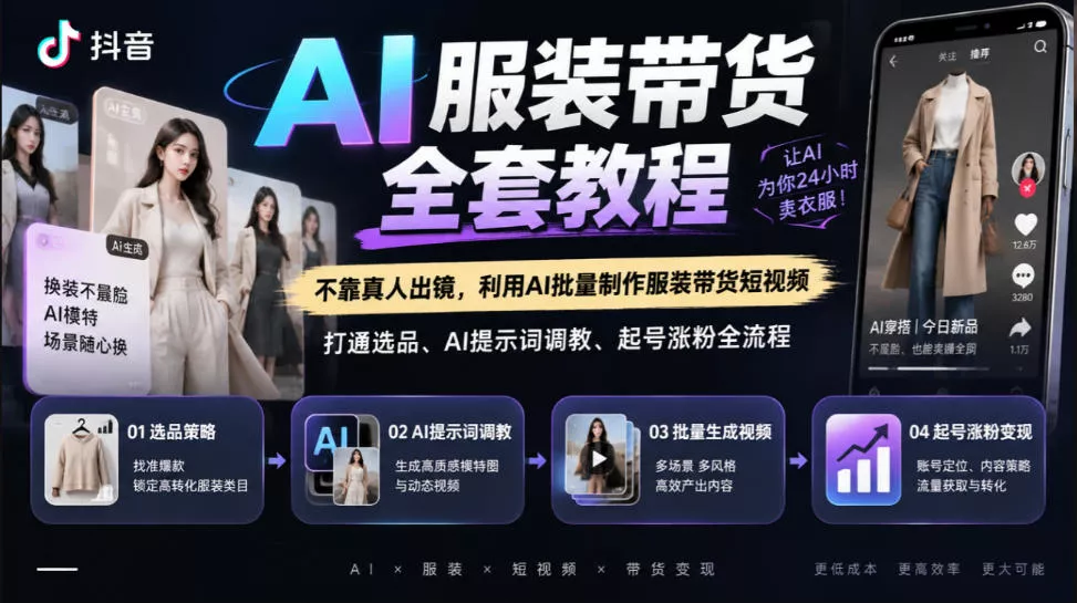 抖音AI服装带货全套教程，不靠真人出镜，利用AI批量制作服装带货短视频，打通选品、AI提示词调教、起号涨粉全流程祝你网--专注互联网创业.信息差副业研究拒绝割韭菜祝你网