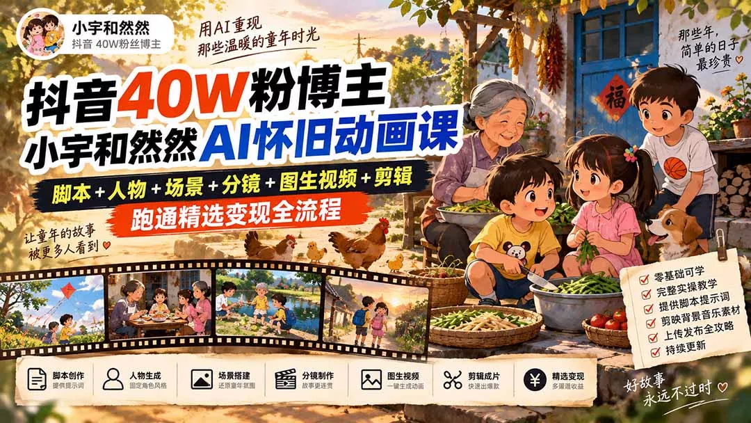 抖音40W粉博主小宇和然然AI怀旧动画课|脚本+人物+场景+分镜+图生视频+剪辑,跑通精选变现全流程祝你网--专注互联网创业.信息差副业研究拒绝割韭菜祝你网