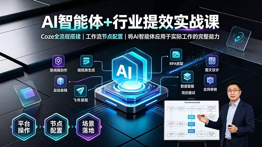 9074592928fa81c4672464a9d2c9dc61.webp AI智能体+行业提效实战课·Coze全流程搭建|工作流节点配置|将AI智能体应用于实际工作的完整能力