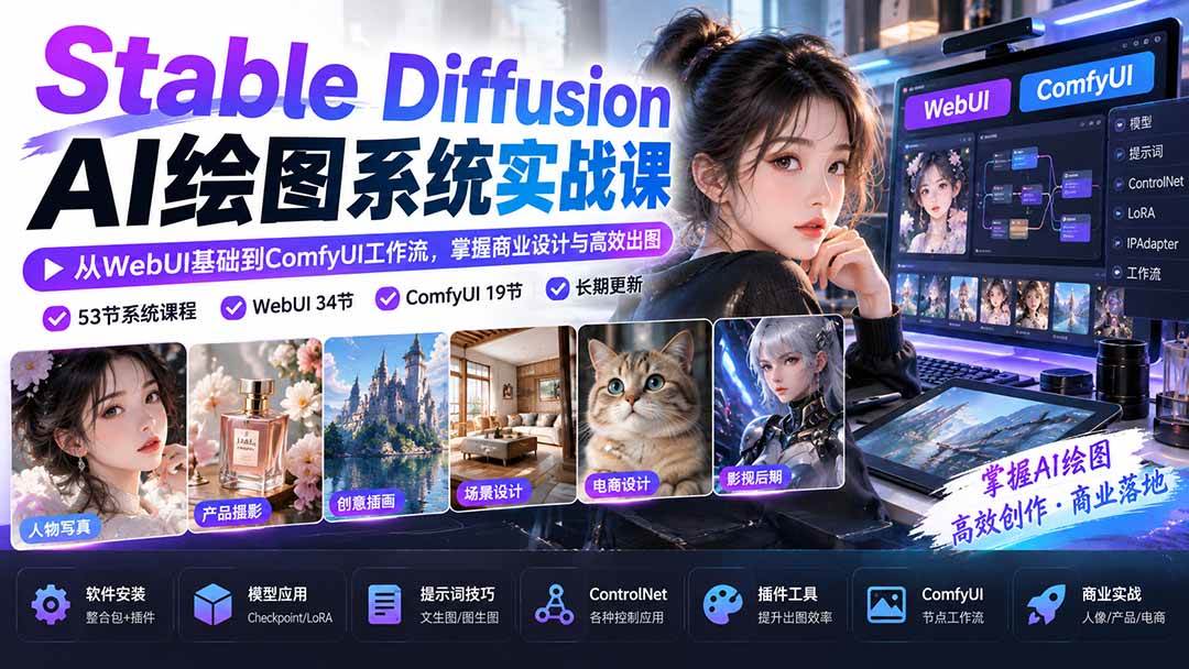 90e009608d70bcfba9069dc9bf9aa30a.jpeg (20678期)Stable Diffusion AI绘图系统实战课:从WebUI基础到ComfyUI工作流,掌握商业设计与高效出图