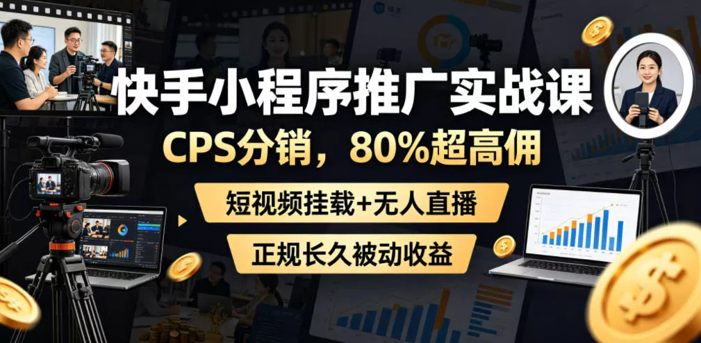 快手小程序推广实战课,CPS分销,80%超高佣,短视频挂载+无人直播,正规长久被动收益祝你网--专注互联网创业.信息差副业研究拒绝割韭菜祝你网