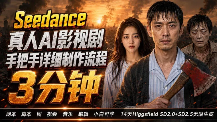 913c010f398c0dfa25fe15af4bb1e158.webp 3分钟真人AI影视剧怎么做?SD 2.0手把手完整制作流程|Higgsfield 14天SD 2.0/2.5无限生成