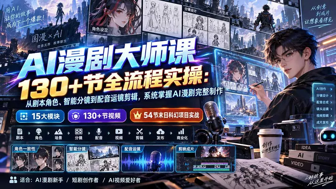 AI漫剧大师课130+节全流程实操:从剧本角色、智能分镜到配音运镜剪辑,系统掌握AI漫剧完整制作祝你网--专注互联网创业.信息差副业研究拒绝割韭菜祝你网