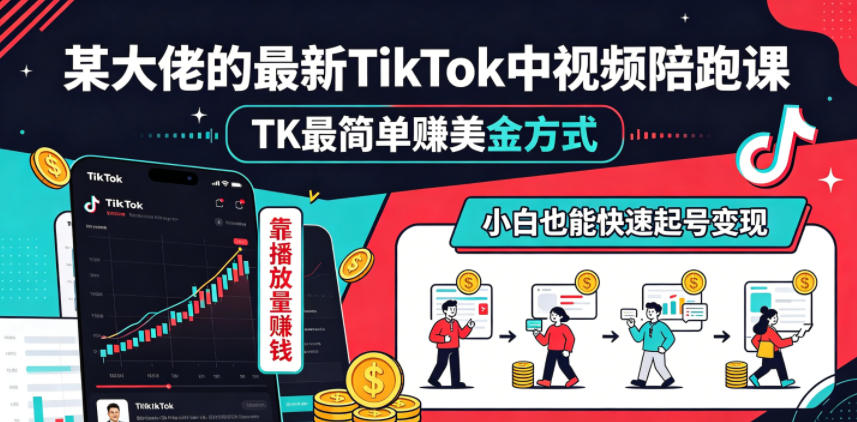 某大佬的最新TikTok中视频陪跑课，TK最简单賺美金方式，靠播放量賺钱，小白也能快速起号变现祝你网--专注互联网创业.信息差副业研究拒绝割韭菜祝你网