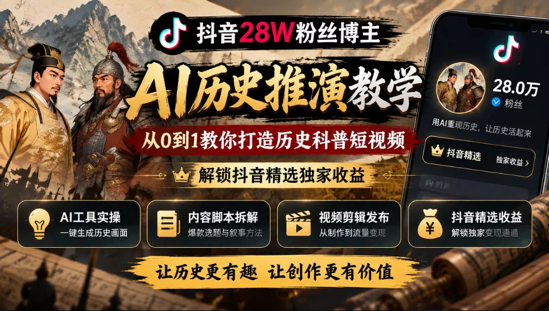 925de117287c3a9d9b1fbff1b43d09e3.webp 抖音28W粉丝博主的AI历史推演教学,从0到1教你打造历史科普短视频,解锁抖音精选独家收益