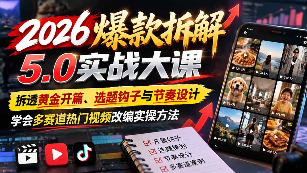 (21110期)2026爆款拆解5.0实战大课:拆透黄金开篇、选题钩子与节奏设计,学会多赛道热门视频改编实操方法祝你网--专注互联网创业.信息差副业研究拒绝割韭菜祝你网