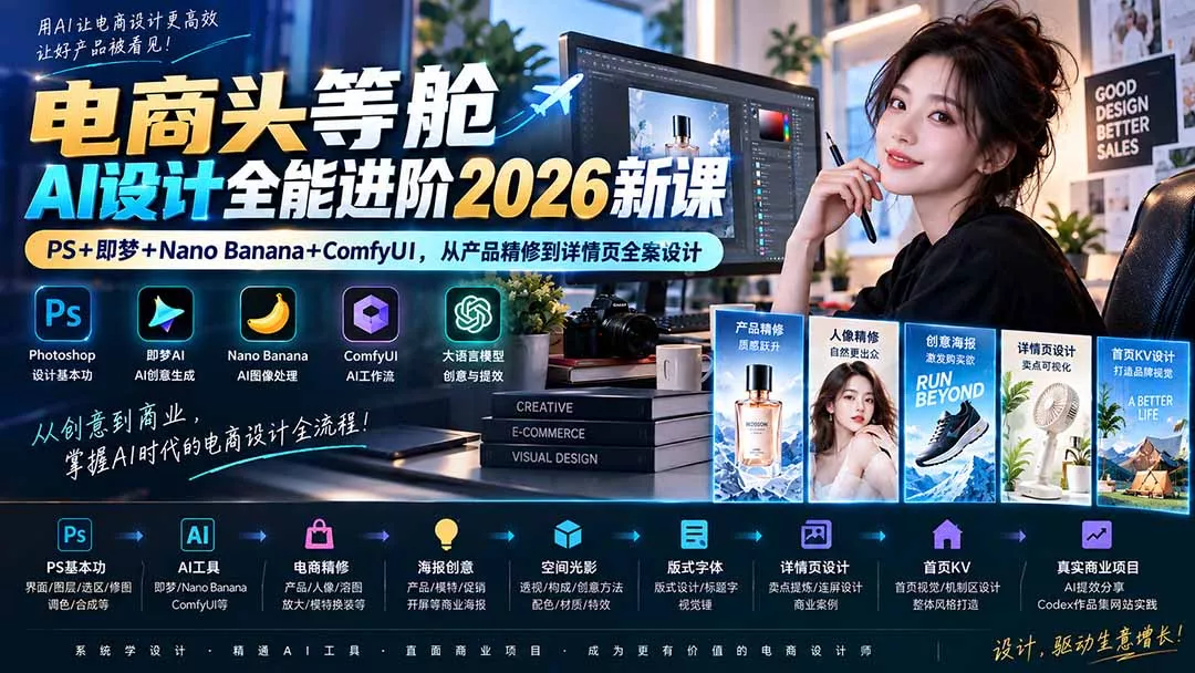 92e5143cd857a28c8f87d05bc8dd90fd.webp 电商头等舱AI设计全能进阶2026新课:PS+即梦+Nano Banana+ComfyUI,从产品精修到详情页全案设计