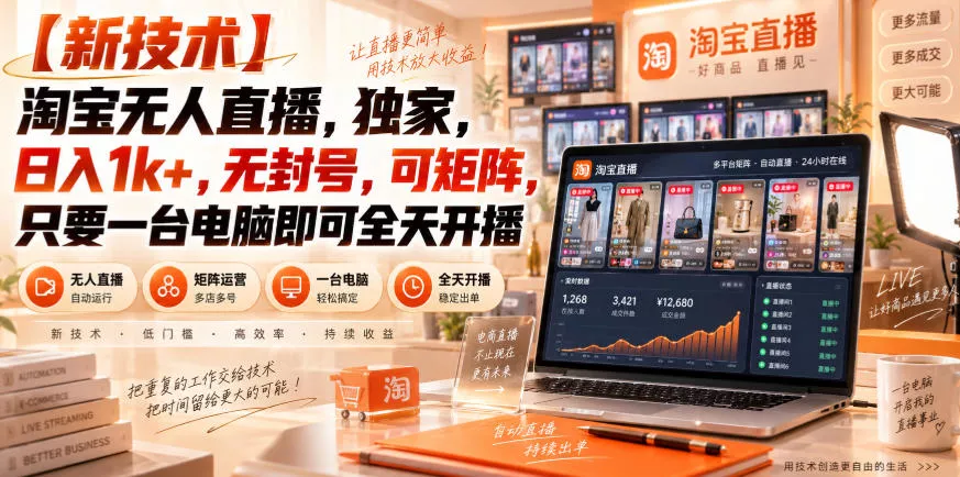 【独家新技术】淘宝无人直播，日入1k+，无封号，可矩阵，只要一台电脑即可全天开播【揭秘】祝你网--专注互联网创业.信息差副业研究拒绝割韭菜祝你网