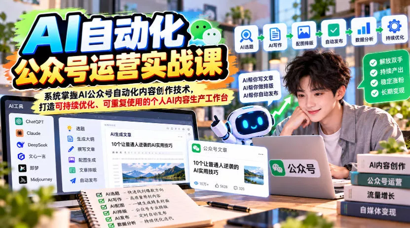 AI自动化公众号运营实战课，系统掌握AI公众号自动化内容创作技术，打造可持续优化、可重复使用的个人AI内容生产工作台祝你网--专注互联网创业.信息差副业研究拒绝割韭菜祝你网