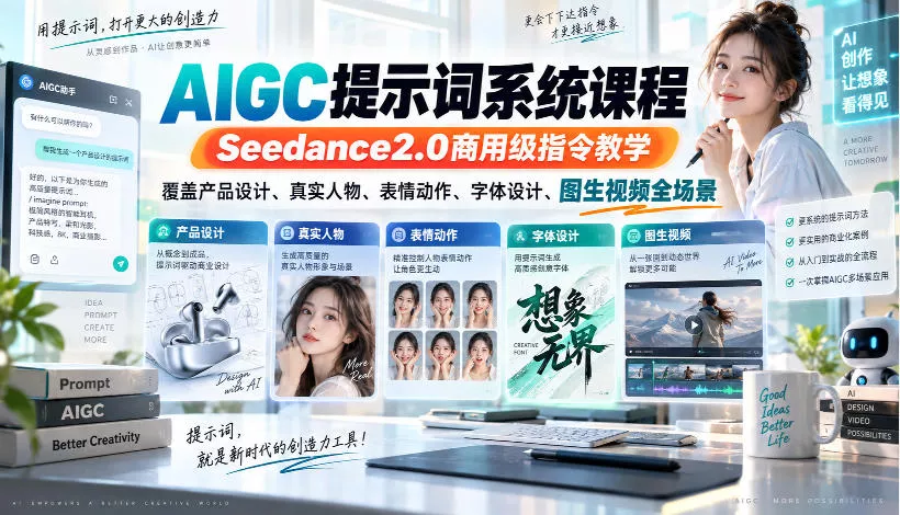 AIGC提示词系统课程,Seedance2.0商用级指令教学,覆盖产品设计、真实人物、表情动作、字体设计、图生视频全场景祝你网--专注互联网创业.信息差副业研究拒绝割韭菜祝你网