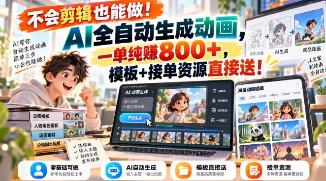 不会剪辑也能做!AI全自动生成动画,一单纯賺800+,模板+接单资源直接送!【揭秘】祝你网--专注互联网创业.信息差副业研究拒绝割韭菜祝你网