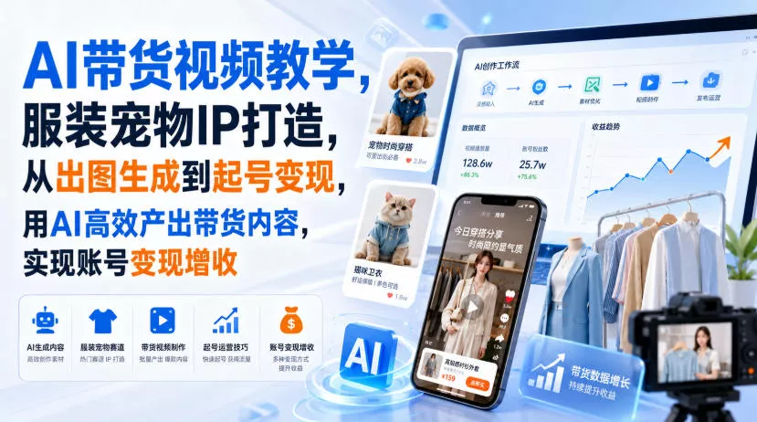 AI带货视频教学,服装宠物IP打造,从出图生成到起号变现,用AI高效产出带货内容,实现账号变现增收祝你网--专注互联网创业.信息差副业研究拒绝割韭菜祝你网