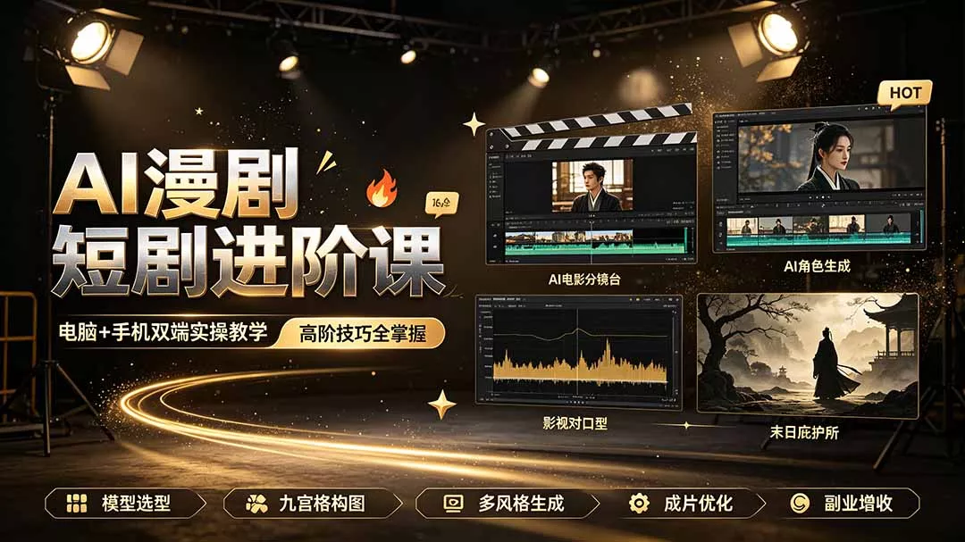 AI漫剧短剧进阶课|电脑+手机双端实操教学|影视剧对口型人物吃瓜×解压末日庇护所全程讲解,高阶技巧全掌握祝你网--专注互联网创业.信息差副业研究拒绝割韭菜祝你网