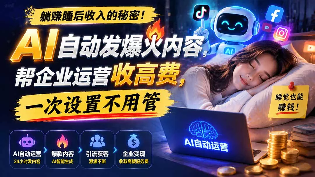 躺赚睡后收入的秘密！AI 自动发爆火内容，帮企业运营收高费，一次设置不用管【原创双语字幕】祝你网--专注互联网创业.信息差副业研究拒绝割韭菜祝你网