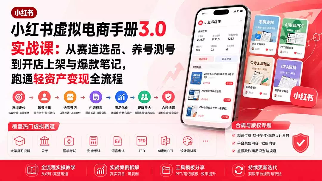958085bda863d24c19172b29bdce74b8.webp 小红书虚拟电商手册3.0实战课:从赛道选品、养号测号到开店上架与爆款笔记,跑通轻资产变现全流程
