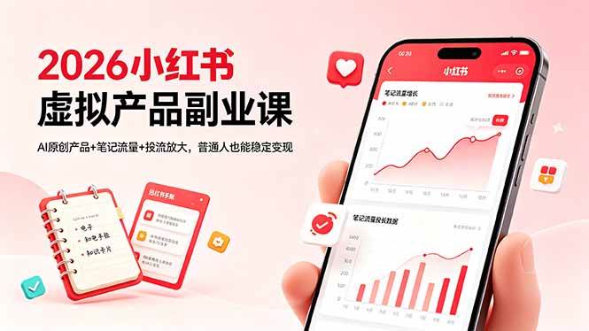 （18449期）2026小红书虚拟产品副业课，AI原创产品+笔记流量+投流放大，普通人也能稳定变现祝你网--专注互联网创业.信息差副业研究拒绝割韭菜祝你网