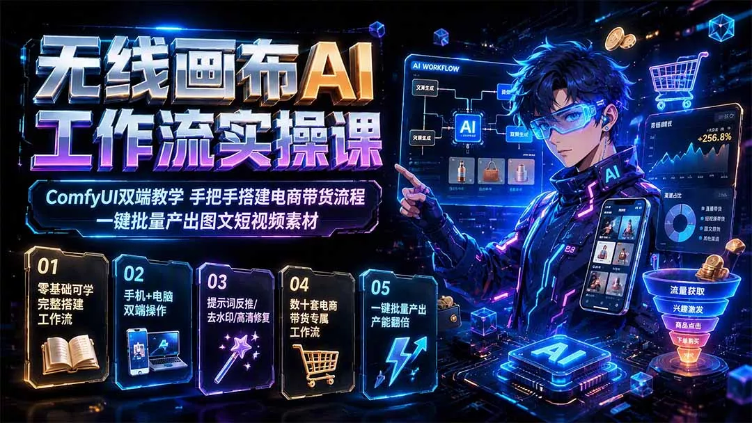 9635cc708c900aa7385aa526d290602d.webp 无线画布AI工作流实操课|ComfyUI双端教学,手把手搭建电商带货流程,一键批量产出图文短视频素材