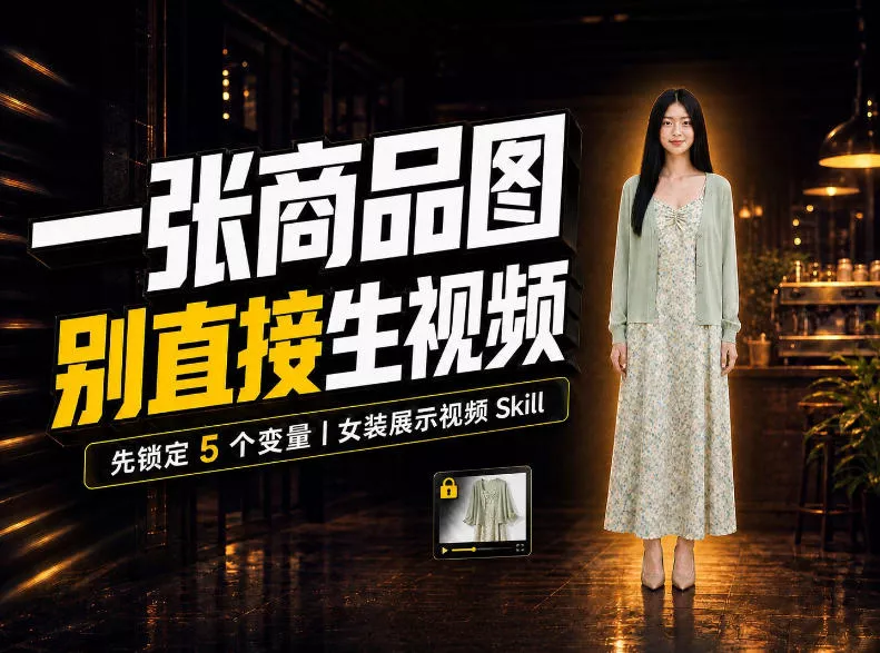 964e3010b9aa4c824f839816d6683945.webp 女装AI视频总翻车?问题不在提示词,女装展示视频Skill先锁定5个变量!
