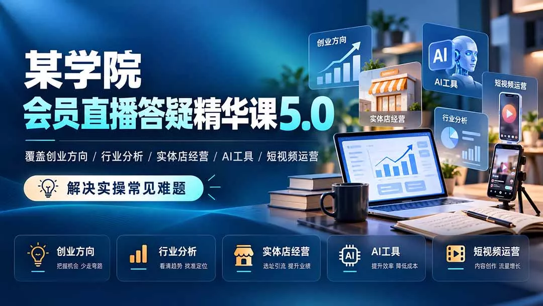 966db563da83d6f528ea3b3bfa0b6c75.webp 某学院会员直播答疑精华课5.0:覆盖创业方向、行业分析、实体店经营、AI工具和短视频运营,解决实操常见难题!