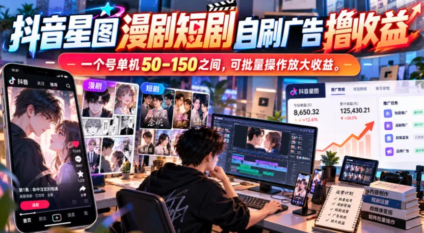 抖音星图漫剧短剧自刷广告撸收益，一个号单机50-150之间，可批量操作放大收益祝你网--专注互联网创业.信息差副业研究拒绝割韭菜祝你网