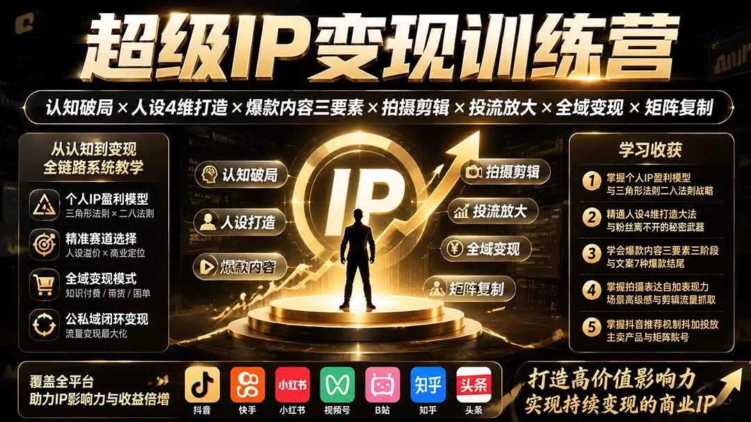 96b998650f8fc2f73c35520a9b85b7be.webp 超级IP变现训练营:认知破局×人设4维打造×爆款内容三要素×拍摄剪辑×投流放大×全域变现×矩阵复制