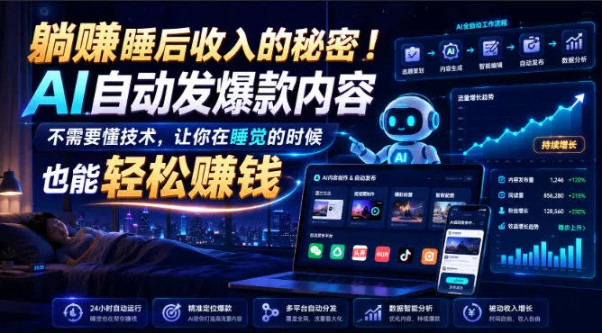 躺賺睡后收入的秘密!AI自动发爆款内容,不需要懂技术,让你在睡觉的时候也能轻松賺钱【原创双语字幕】祝你网--专注互联网创业.信息差副业研究拒绝割韭菜祝你网