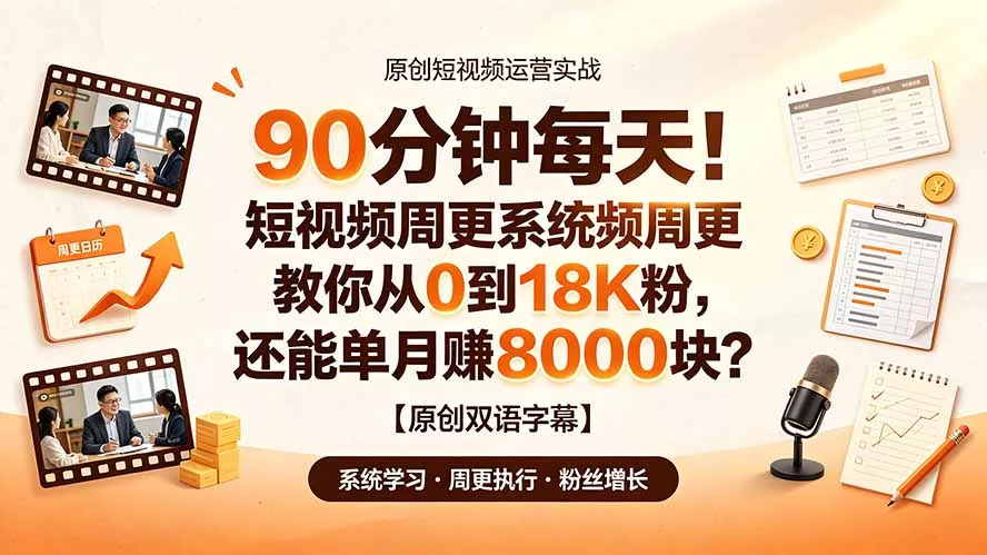 90 分钟每天!短视频周更系统教你从 0 到 18K 粉,还能单月赚 8000 块?【原创双语字幕】祝你网--专注互联网创业.信息差副业研究拒绝割韭菜祝你网