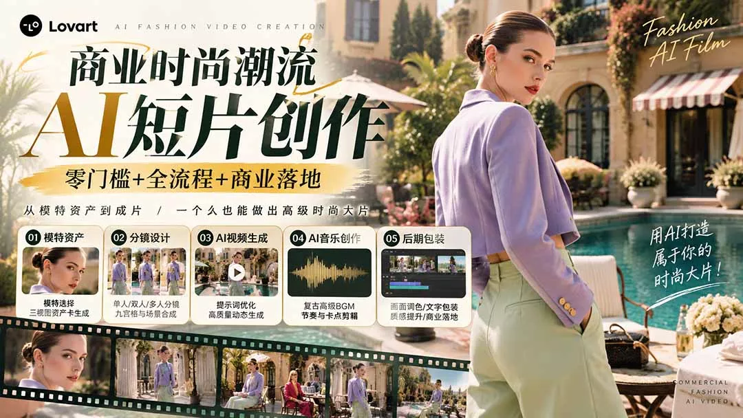 97272988f9b7224f938155633decf874.webp 从一张模特图到高级时尚广告大片:AI三视图资产、场景合成、电影分镜、动态生成与复古音乐剪辑实战课