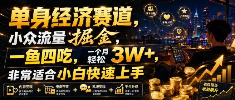 单身经济赛道,小众流量掘金,一鱼四吃,一个月轻松3W+,非常适合小白快速上手【揭秘】祝你网--专注互联网创业.信息差副业研究拒绝割韭菜祝你网