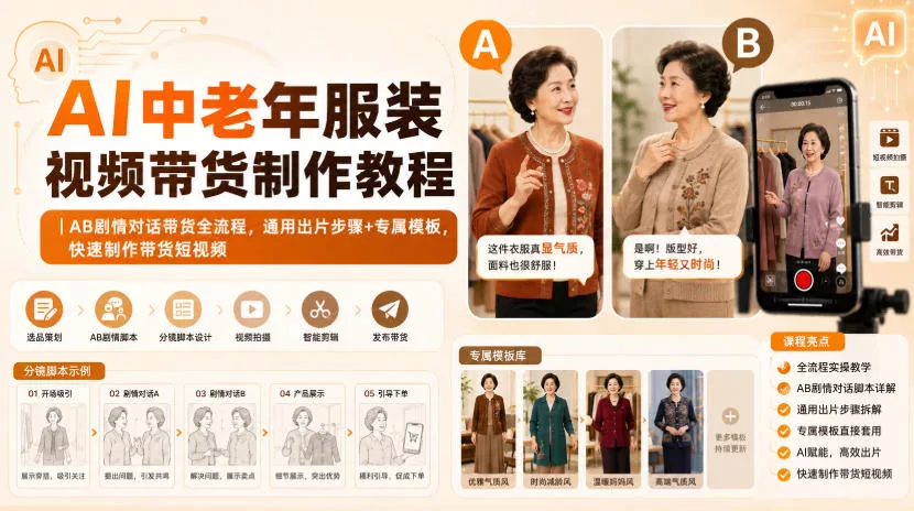 AI中老年服装视频带货制作教程|AB剧情对话带货全流程,通用出片步骤+专属模板,快速制作带货短视频祝你网--专注互联网创业.信息差副业研究拒绝割韭菜祝你网