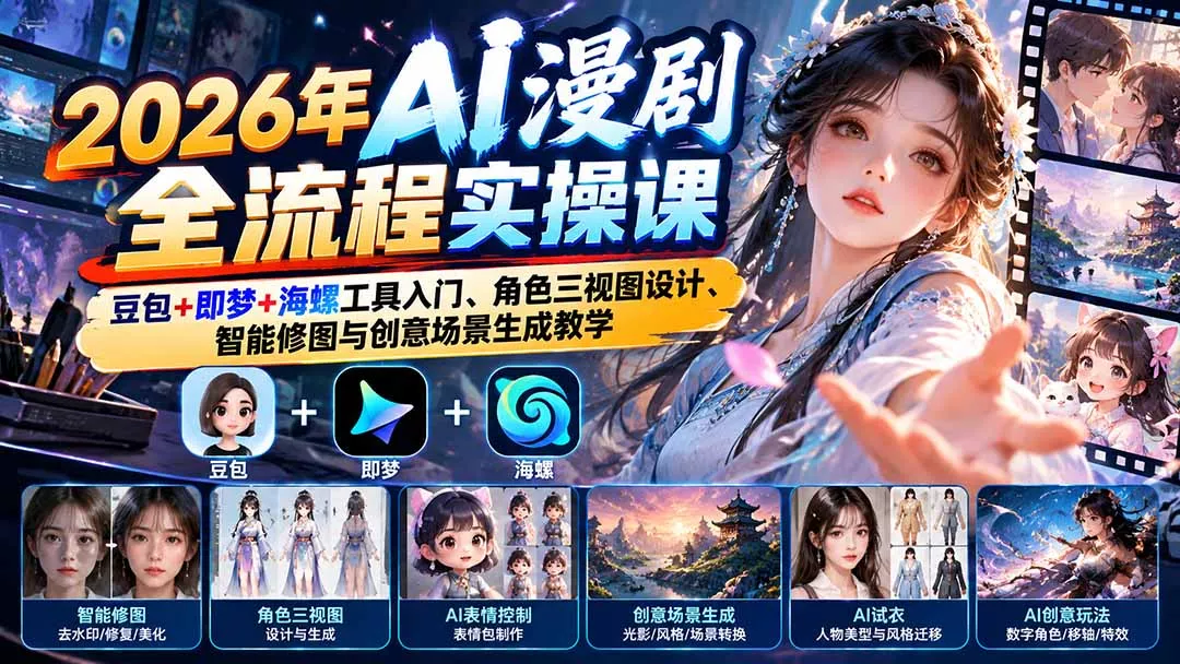 97e7b3ecbe79932b149bdf0c841f7a70.webp 2026年AI漫剧全流程实操课:豆包+即梦+海螺工具入门、角色三视图设计、智能修图与创意场景生成教学