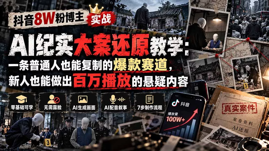 抖音8W粉博主AI纪实大案还原教学:一条普通人也能复制的爆款赛道,新人也能做出百万播放的悬疑内容祝你网--专注互联网创业.信息差副业研究拒绝割韭菜祝你网