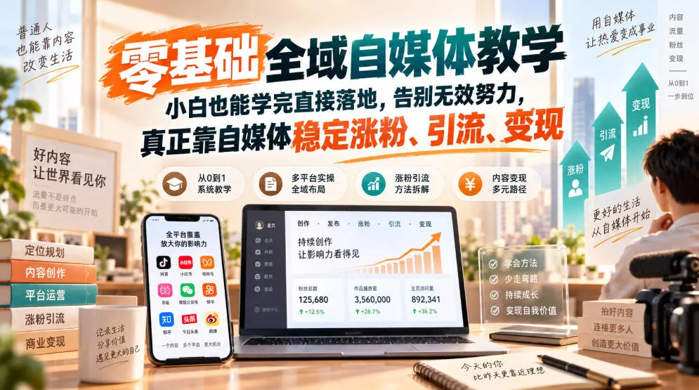 零基础全域自媒体教学,小白也能学完直接落地,告别无效努力,真正靠自媒体稳定涨粉、引流、变现祝你网--专注互联网创业.信息差副业研究拒绝割韭菜祝你网