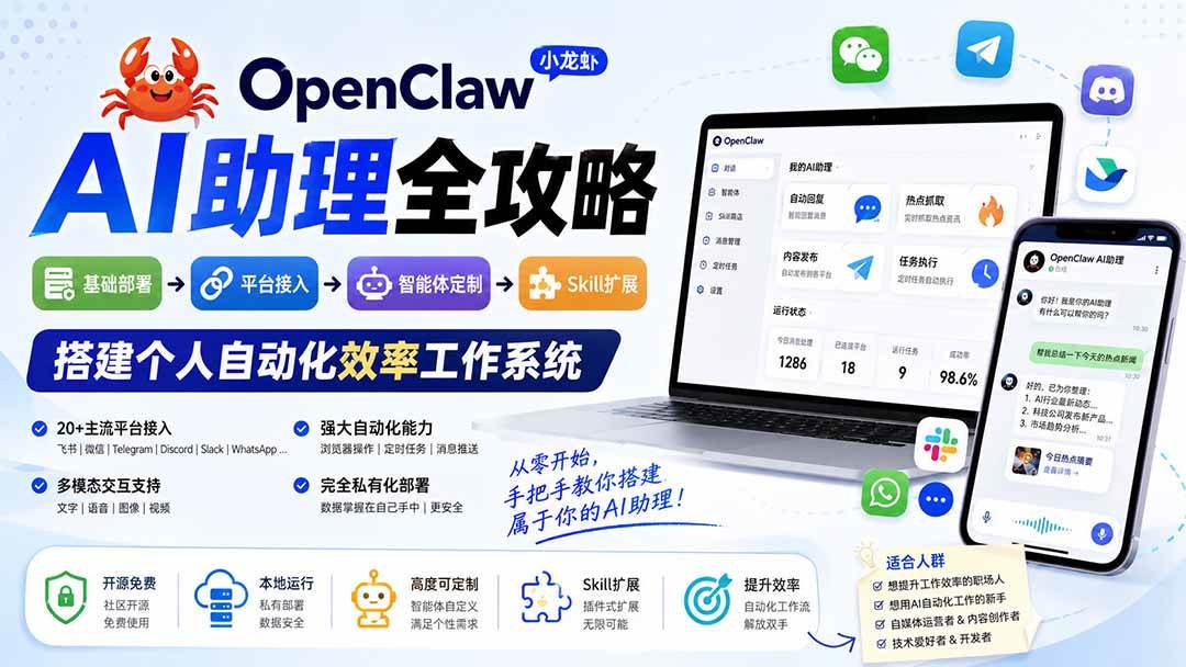 (19889期)OpenClaw小龙虾 AI助理全攻略:基础部署→平台接入→智能体定制→Skill扩展,搭建个人自动化效率工作系统祝你网--专注互联网创业.信息差副业研究拒绝割韭菜祝你网