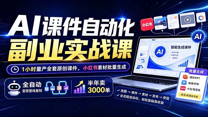 98bbbf38f2b018b5e99c9cdf3e063123.jpeg (19518期)AI课件自动化副业实战课:1小时量产全套原创课件×小红书素材批量生成×全自动变现管线×半年卖3000单