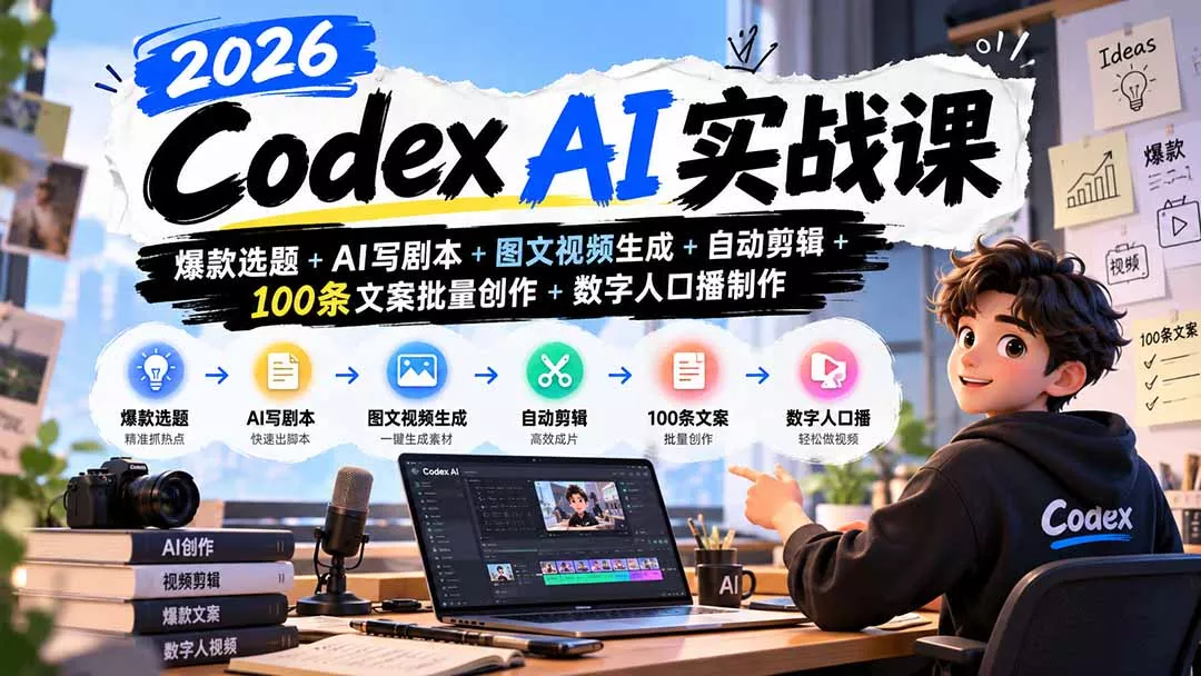 98ee75f550e2332a6bde8011a0745093.webp 2026Codex AI实战课:爆款选题+AI写剧本+图文视频生成+自动剪辑+100条文案批量创作+数字人口播制作
