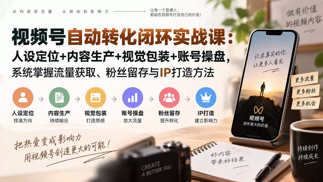 视频号自动转化闭环实战课:人设定位+内容生产+视觉包装+账号操盘,系统掌握流量获取、粉丝留存与IP打造方法祝你网--专注互联网创业.信息差副业研究拒绝割韭菜祝你网