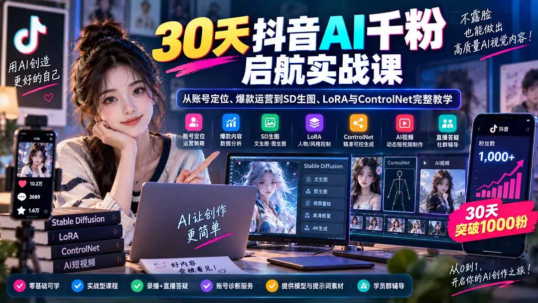 992dafd0efc910c0b5b3ec5624664a65.webp 30天抖音AI千粉启航实战课:从账号定位、爆款运营到SD生图、LoRA与ControlNet完整教学
