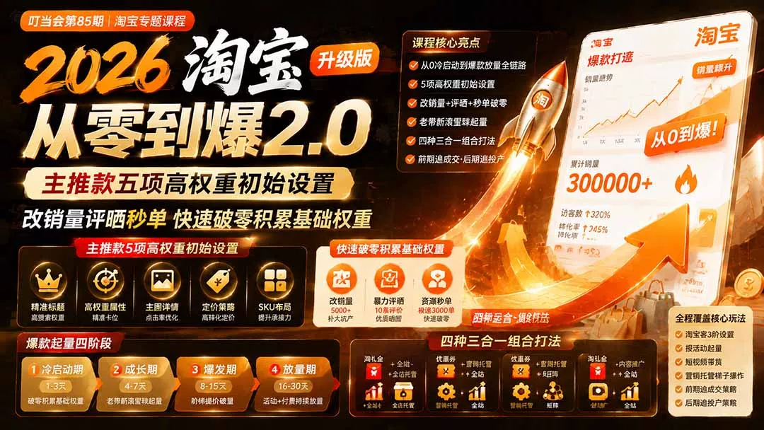 2026淘宝从零到爆2.0第85期;主推款五项高权重初始设置,改销量评晒秒单快速破零积累基础权重祝你网--专注互联网创业.信息差副业研究拒绝割韭菜祝你网