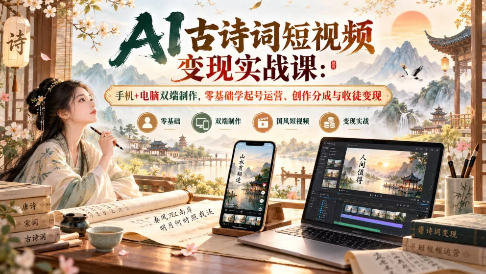 AI古诗词短视频变现实战课：手机+电脑双端制作，零基础学起号运营、创作分成与收徒变现祝你网--专注互联网创业.信息差副业研究拒绝割韭菜祝你网