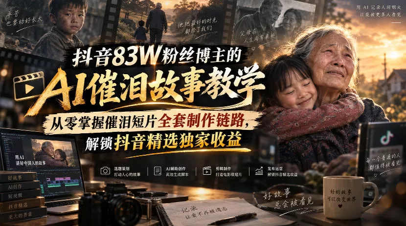 9b008a2ce0b2c0f68de768e10a2a4b6d.webp 抖音83W粉丝博主的AI催泪故事教学,从零掌握催泪短片全套制作链路,解锁抖音精选独家收益