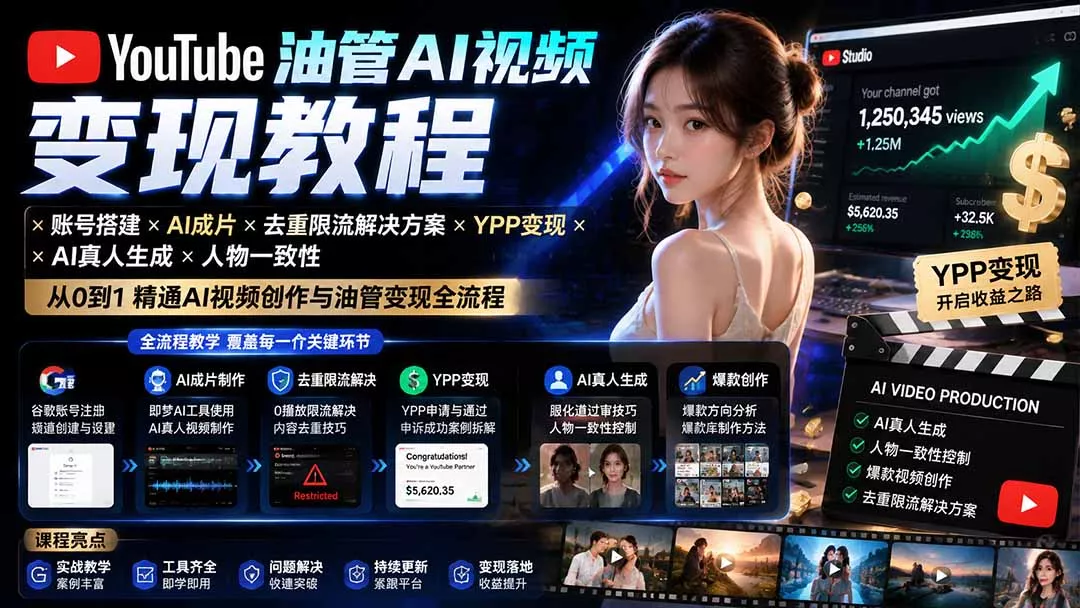 YouTube油管AI视频变现教程-更新：账号搭建×AI成片×去重限流解决方案×YPP变现×AI真人生成×人物一致性