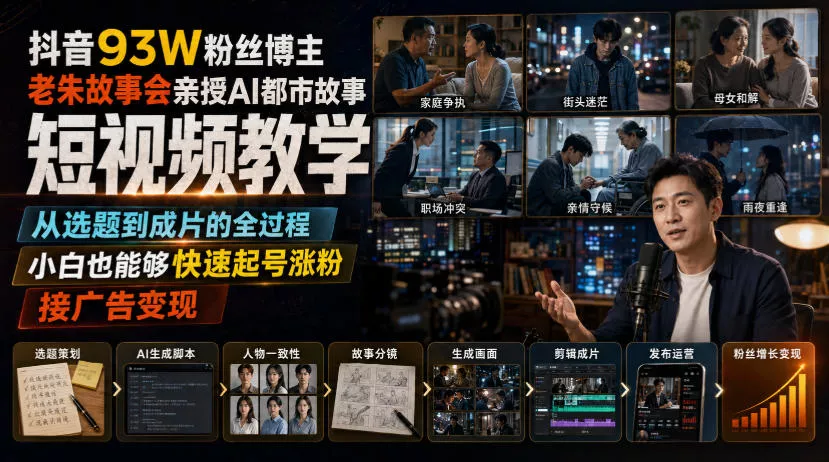 9b6f7dc3fb88d98ef1261c8bc5bd7092.webp 抖音93W粉丝博主老朱故事会亲授AI都市故事短视频教学,从选题到成片的全过程,小白也能够快速起号涨粉接广告变现