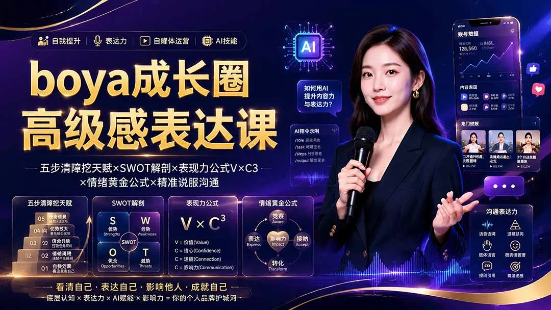 boya成长圈｜内心成长高级表达AI自媒体三合一，消解内耗挖掘天赋，镜头沟通AI指令短视频全流程教学祝你网--专注互联网创业.信息差副业研究拒绝割韭菜祝你网