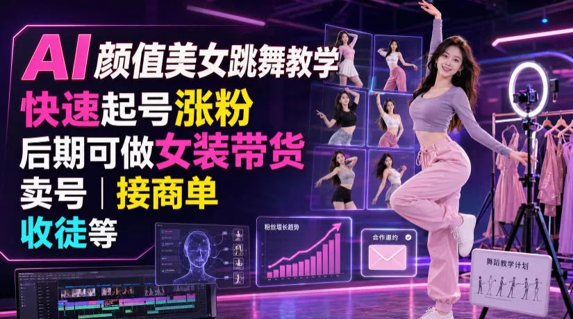 AI颜值美女跳舞教学，快速起号涨粉，后期可做女装带货，卖号，接商单，收徒等祝你网--专注互联网创业.信息差副业研究拒绝割韭菜祝你网
