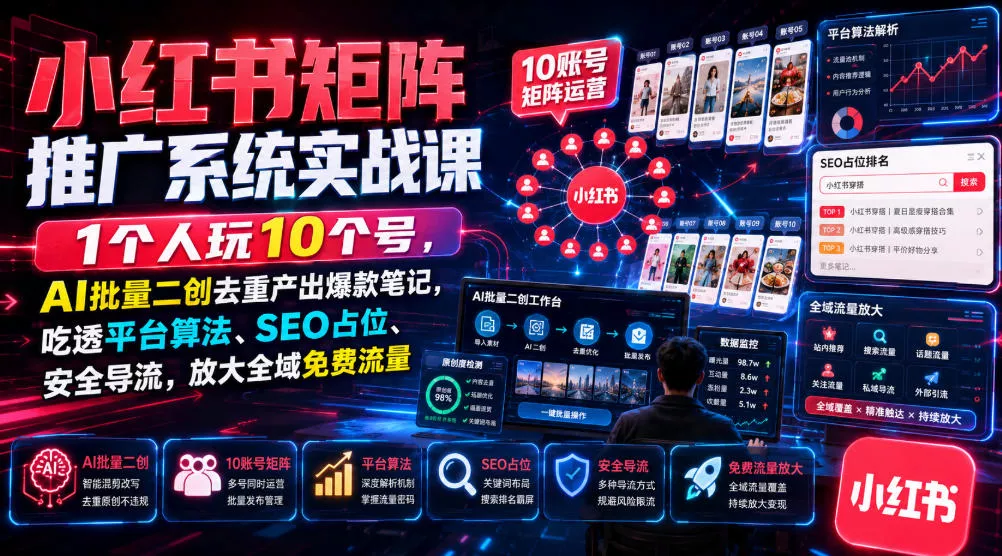 小红书矩阵推广系统实战课｜1个人玩10个号，AI批量二创去重产出爆款笔记，吃透平台算法、SEO占位、安全导流，放大全域免费流量祝你网--专注互联网创业.信息差副业研究拒绝割韭菜祝你网