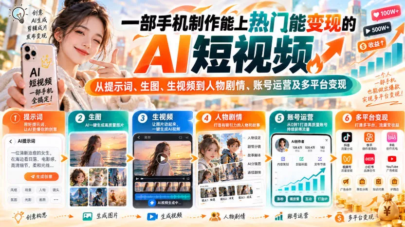 【无水印】一部手机制作能上热门能变现的AI短视频，从提示词、生图、生视频到人物剧情、账号运营及多平台变现祝你网--专注互联网创业.信息差副业研究拒绝割韭菜祝你网