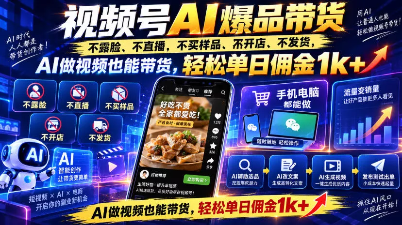 视频号Ai爆品带货，不露脸、不直播、不买样品、不开店、不发货，AI做视频也能带货，轻松单日佣金1k+祝你网--专注互联网创业.信息差副业研究拒绝割韭菜祝你网